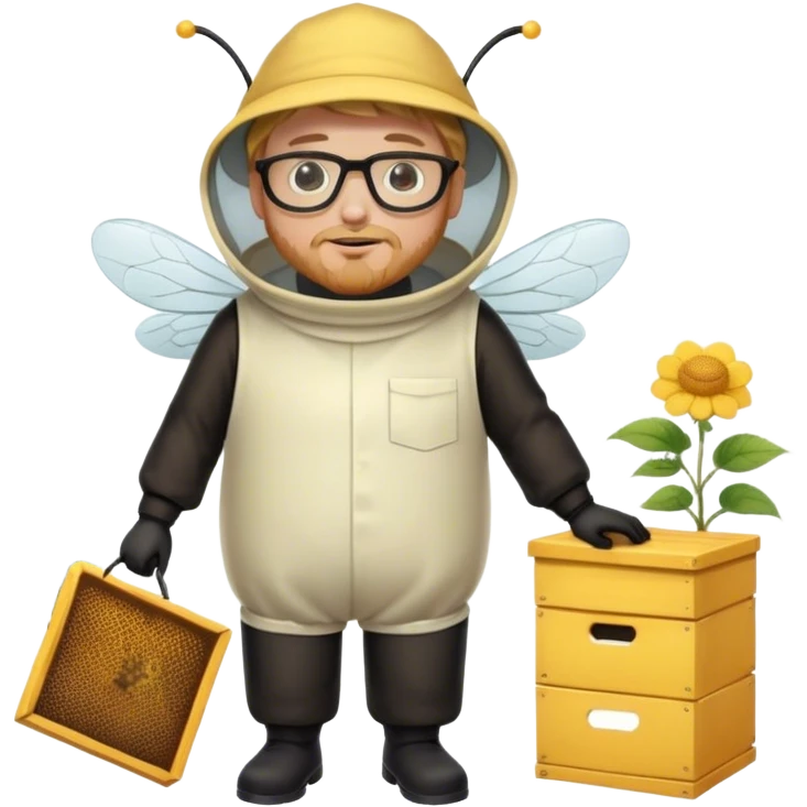 full body medium plus size male bee keeper in yellow and black with short light strawberry blonde hair and goatee wearing glasses with bee keeper hat emoji