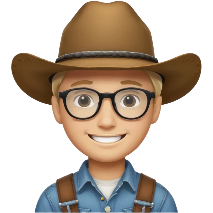 Smiling boy with cow boy hat . With chin strap and black glasses  emoji