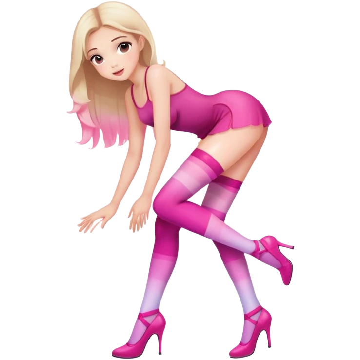 Cute girl character in stockings adjusting fashion accessory, pink gradient, glass effect, minimalist design emoji