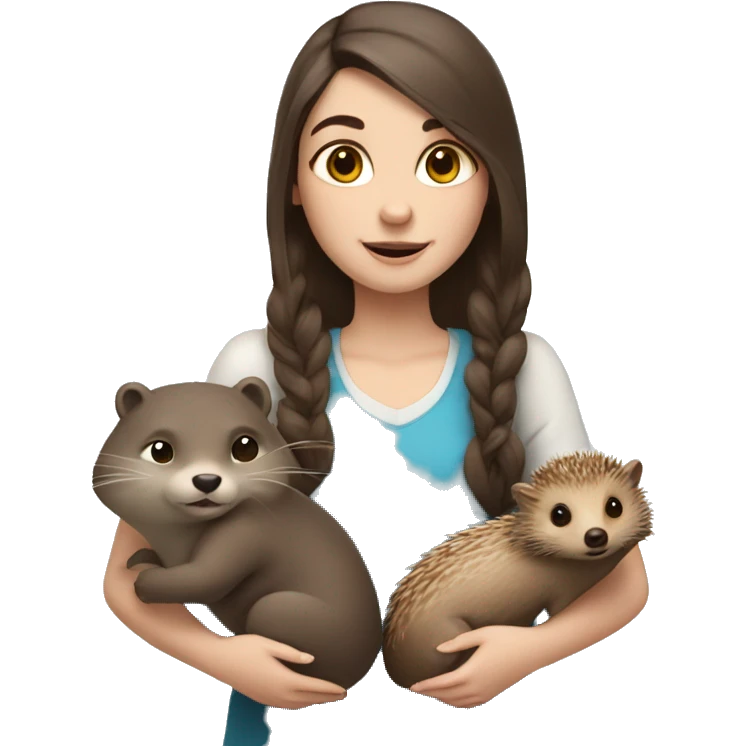 a girl with blue eyes and fair skin with an otter and a hedgehog in her hands emoji