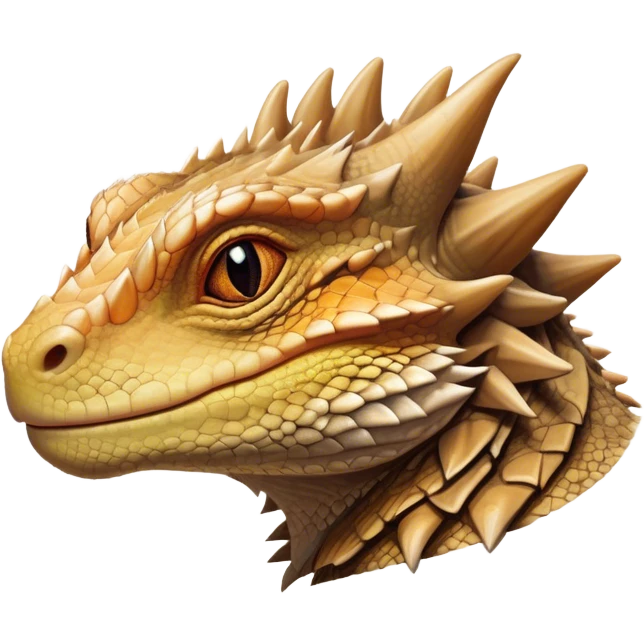 Cinematic Noble Bearded Dragon Portrait Emoji, Poised and regal, with a robust, angular build and a textured, scaled hide in earthy olive and sandy tones, a prominent spiky 'beard' beneath its chin and a keen, alert gaze, Simplified yet sharp and sophisticated features, highly detailed, glowing with a soft, dignified glow, high shine, intelligent and fierce, stylized with an air of desert majesty, focused and attentive, soft glowing outline, capturing the essence of a watchful and commanding reptile, so majestic it feels as though it could scuttle out of the screen with effortless authority! emoji