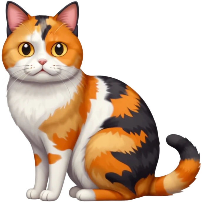 full body colourful calico cat with skinny head and fat body with an anxious face emoji
