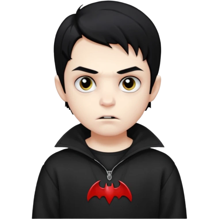 Vampire boy with the black hair, pale-white skin, black eyes, little fangs and dark circles under his eyes. He has serious face and he wear a black oversize sweatshot emoji