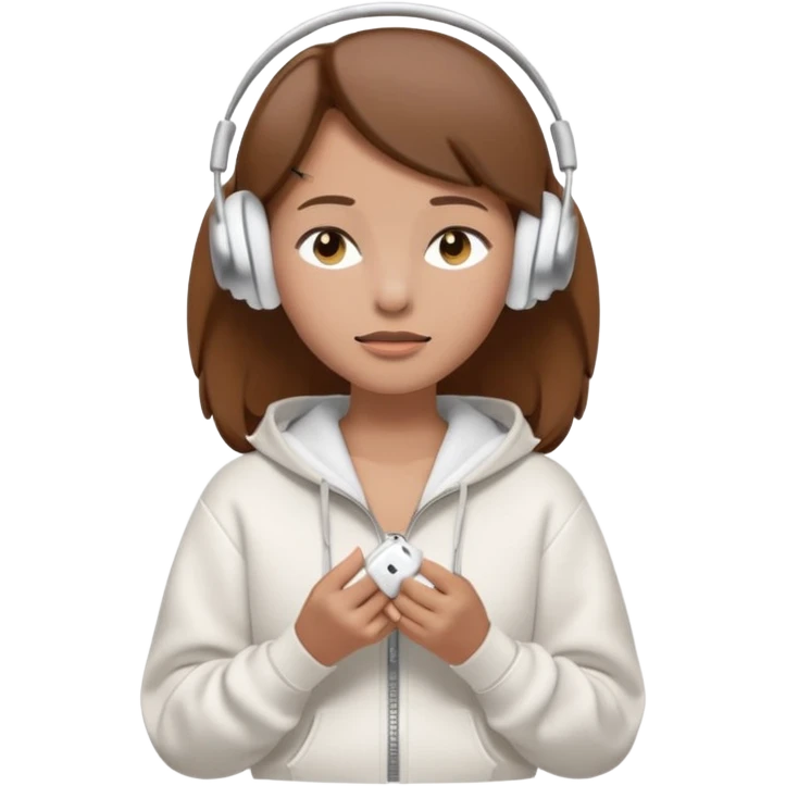 A clean, minimal emoji-style illustration of a light-skinned girl with brown hair worn loose. Her eyes are closed while listening to music with silver AirPods Max. She’s wearing a white zip-up hoodie. Smooth 3D emoji style, soft lighting, neutral tones. emoji