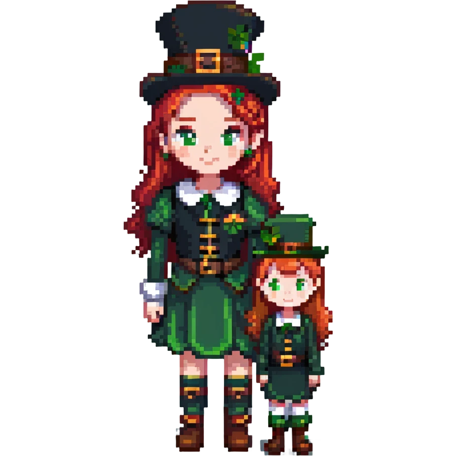 girl with red hair and brown eyes with a leprechaun emoji