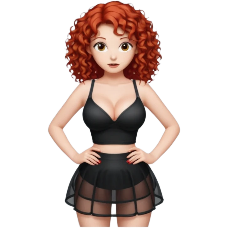 Naked red curly haired girl with very large big boobs and cleavage.  Thin waist and wide sexy hips.  Completely naked but wearing a see-thru black mesh very short mini-skirt emoji