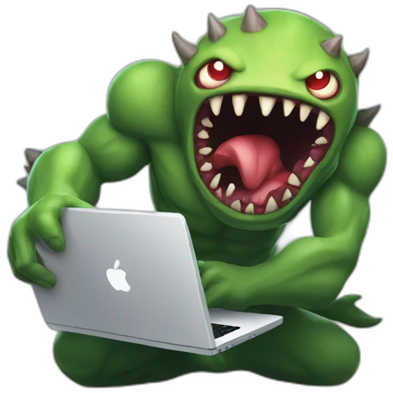 developper using a laptop to fight a monster emoji