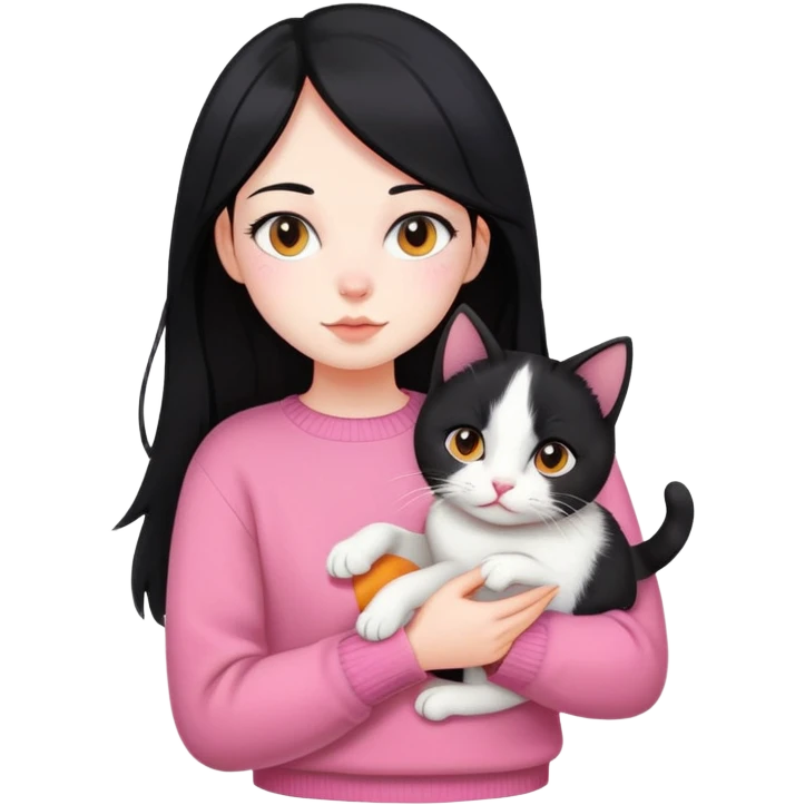 girl with black hair holding a tri-colored cat (black, orange, white) wearing a pink sweater emoji