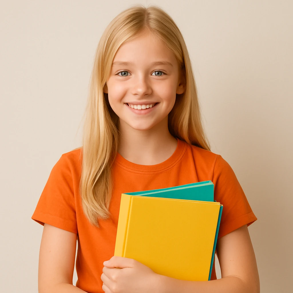 blonde girl in an orange t-shirt holding folders, simple background emoji