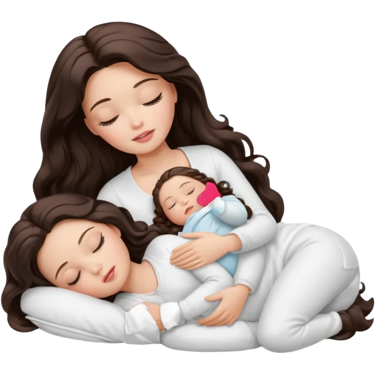 White Barbie girl dark brown long wavy hair in white clothes sleeping with white baby at cream bed, eyes are closed emoji