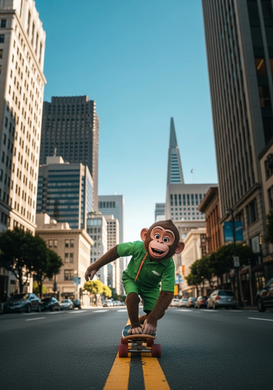 Disney style, Cinematic still scane, Low angle medium shot, monkey dress in green outfit, monkey ride on skateboard, san francisno downtown with city lanscape, blue clean sky, captured by ARRI Alexa XT, soft cinematic lightning emoji