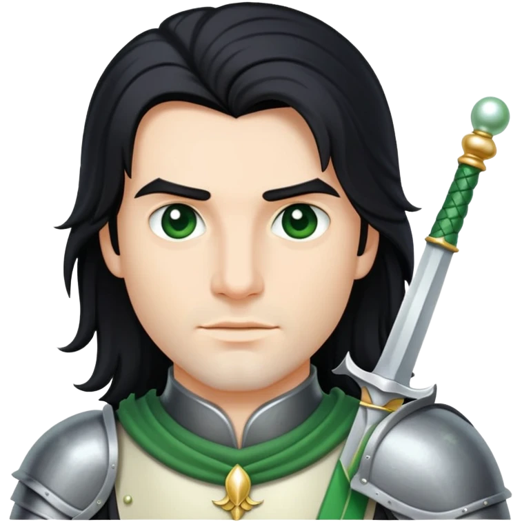 A knight with long black hair on a green and pearl Sabre emoji