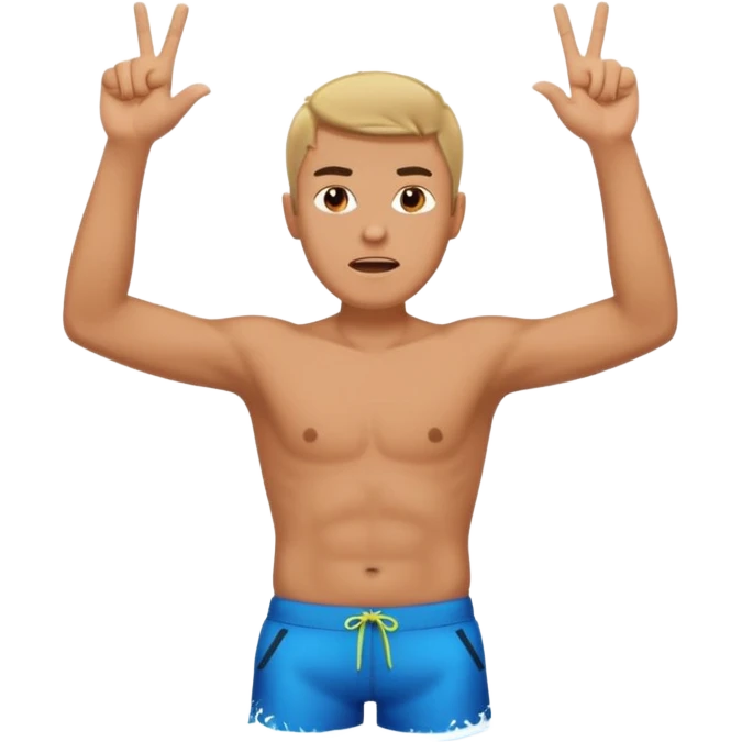 man with anger in swimming pool open arms and finger up on air emoji