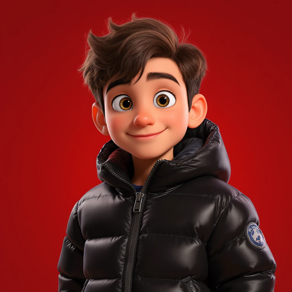 3d disney pixar character, young 18yo boy with dark brown hair, and a shiny black puffer balenciaga design jacket, brave smiling. The background is a solid red color emoji