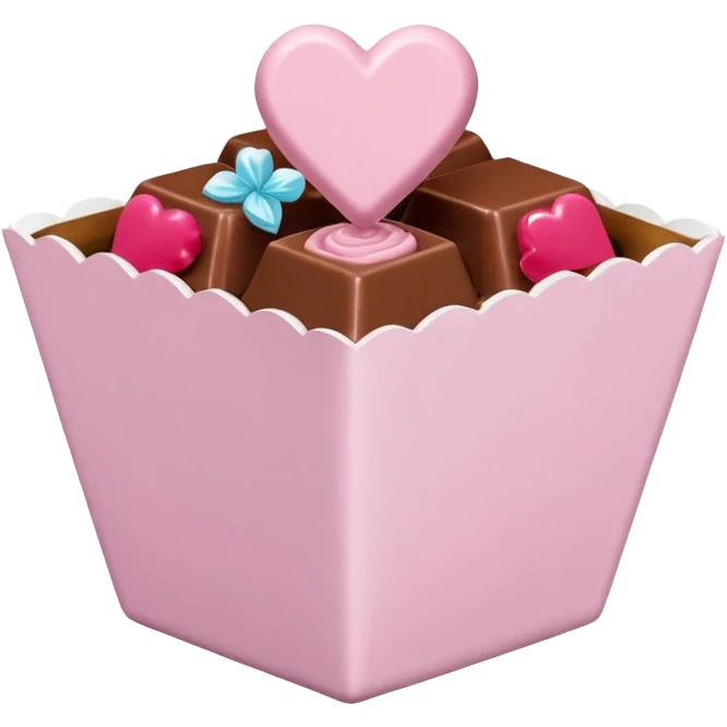 Two sharp-edged square milk chocolate pralines placed diagonally, each in a white fluted paper candy cup, with smooth glossy coating.
Flat thin pastel pink heart icing centered on top with subtle sugar crystal sparkle, clean studio lighting, pure white background, realistic minimal emoji-styleใ emoji