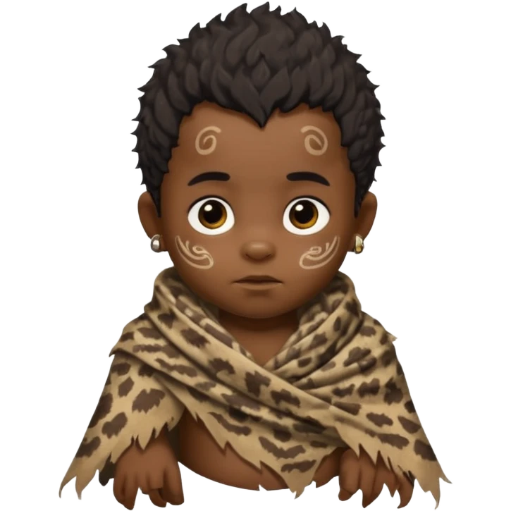 ancient hairy black baby tatooed boy, tattered animal skin shawl emoji