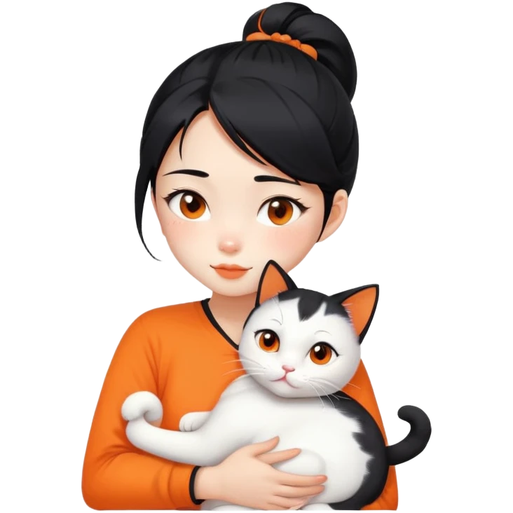 East Asian girl with high ponytail black hair hugging a predominantly white cat with orange patches, sweet and gentle, cute facial expressions emoji