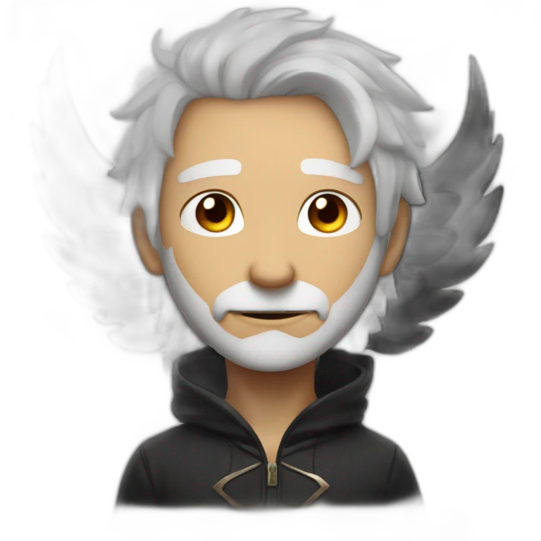 lunarian onepiece, white hair, brown skin, black wings, flame on the back, star pupils emoji