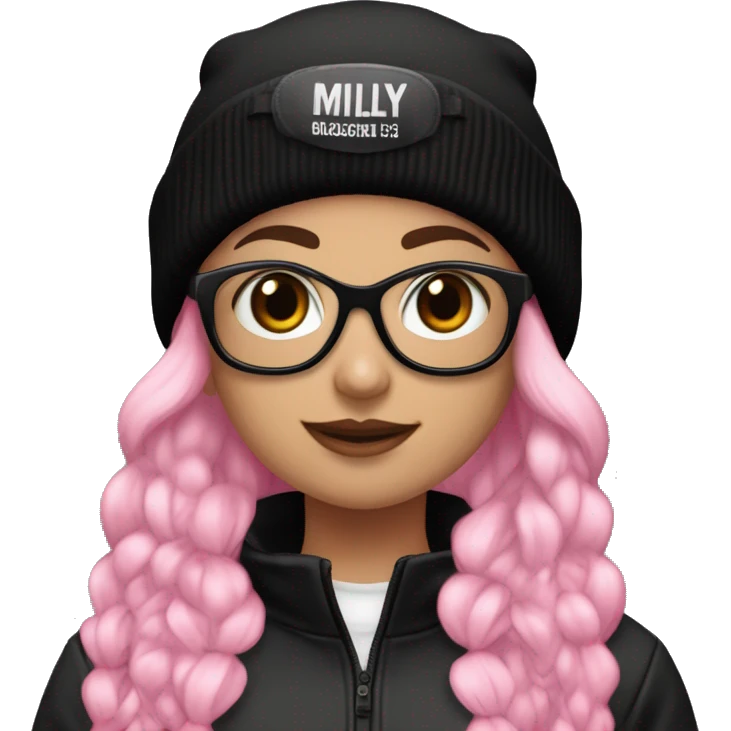 girl with black beanie and black ski goggles on beanie,hime half pink and black hair, and a black jersey that says: MILY 69 emoji