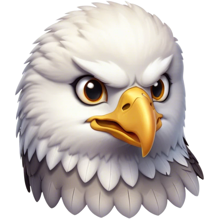 Cinematic Cute American Eagle Portrait Emoji, Head tilted playfully and inquisitively, featuring a streamlined form with a subtle blend of dark and white plumage and round, sparkling eyes full of spirited charm, Simplified yet irresistibly adorable features, highly detailed, glowing with a warm, inviting glow, high shine, affectionate and lively, stylized with a touch of whimsical aerial grace, soft glowing outline, capturing the essence of a mischievous yet endearing American eagle that seems as if it could glide out of the screen into your heart! emoji