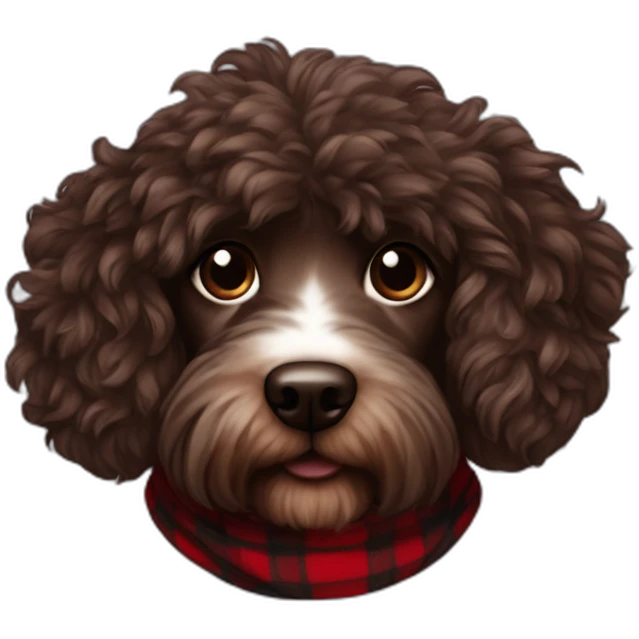 portrait Dark chocolate colored doodle with wavy fur wearing a red and black flannel handkerchief emoji
