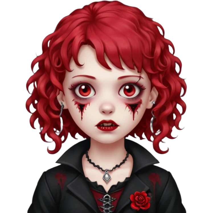 zombie girl red hair cacheado médio e franja, com piercing na boca(labret lateral), roupa gótica  emoji