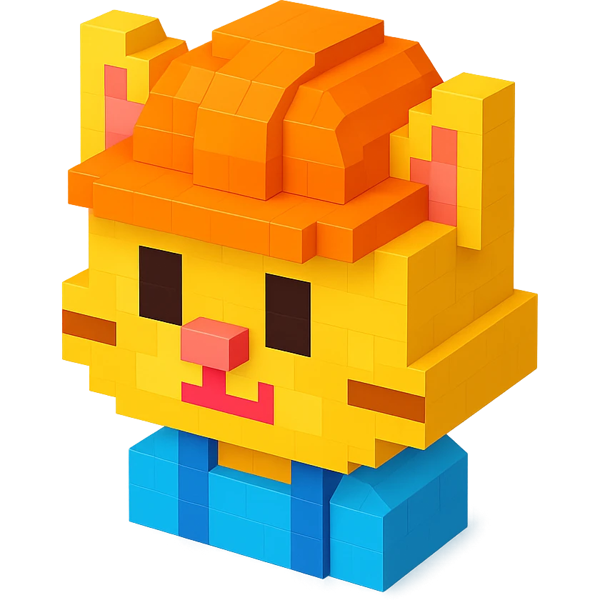 worker cat wearing an orange helmet in voxel style emoji