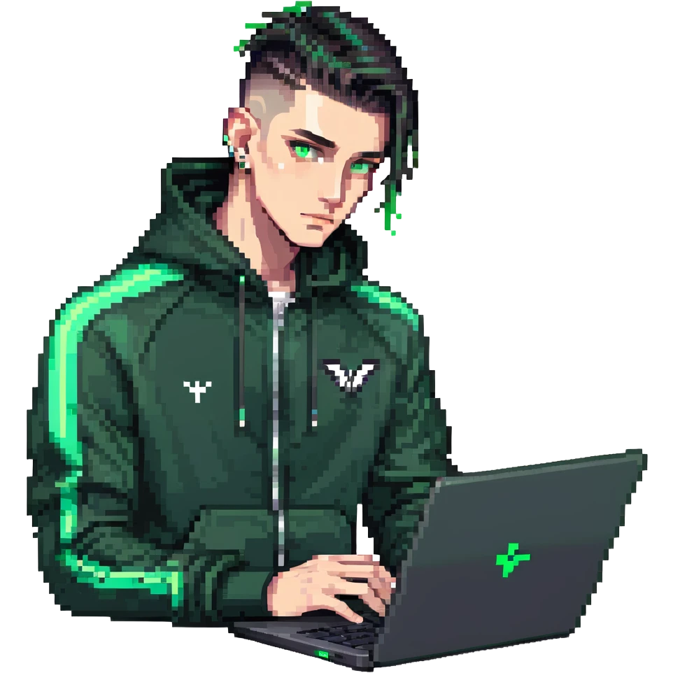 male with dark hair, wearing a black palm angels tracksuit, high fade haircut, slick back hairstyle, green eyes, green aura, coding on black laptop emoji