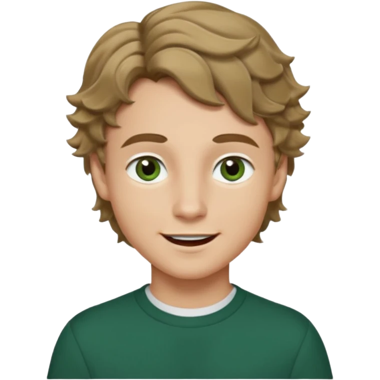 Сделай мальчика с длинными широким плечами  в белом лонгсливе , немного темный блондин,волнистые волосы, flow cut,   hunter green almond eyes,низко посаженные тёмные брови, немного большие губы губы,ехидная улыбка с зубами emoji