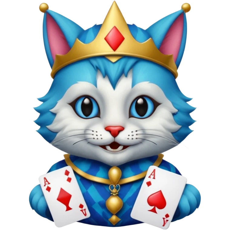crazy colorful cute little cat jolly joker from poker, medieval, vintage, court jester, mac os icon, blue color, holds a poker card emoji