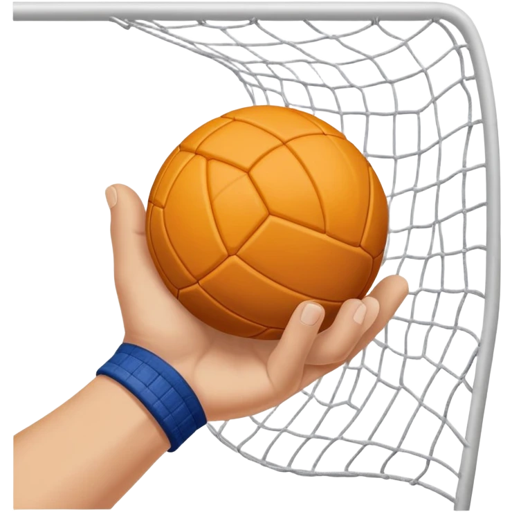 A close-up of a hand gripping a handball, with the handball gates visible in the background. The focus is on the texture of the ball and the strength of the grip, with the goal net slightly blurred to emphasize the anticipation of the throw. emoji