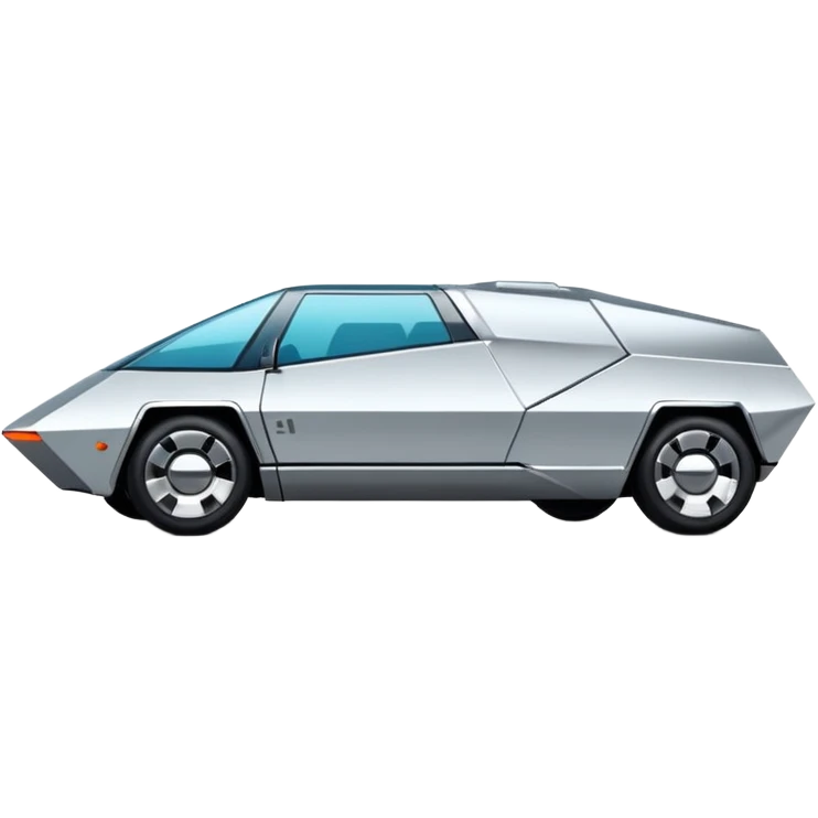 A futuristic chrome car emoji, sharp geometric body design inspired by cybertruck aesthetics, smooth silver metallic surface, matte and glossy chrome mix, minimal details, soft reflections, clean edges, iOS emoji style, centered, clean white background, soft studio lighting, no text emoji