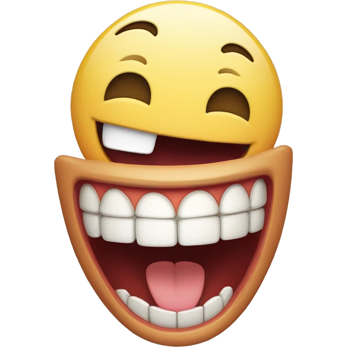 Laughing emoji with one crooked teeth that is a just one canine teeth on the left is on top of others and a bit long emoji