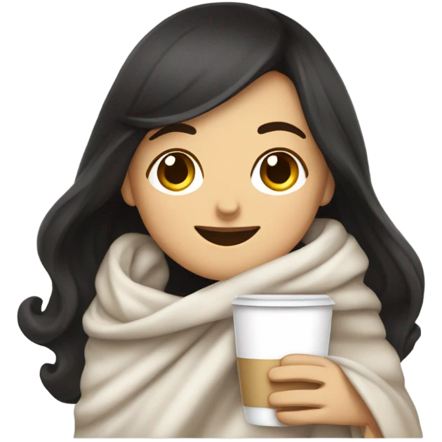 Black-haired white girl inside a blanket sipping coffee eyes closed emoji