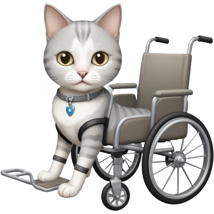 disabled grey and white cat in pet wheelchair emoji