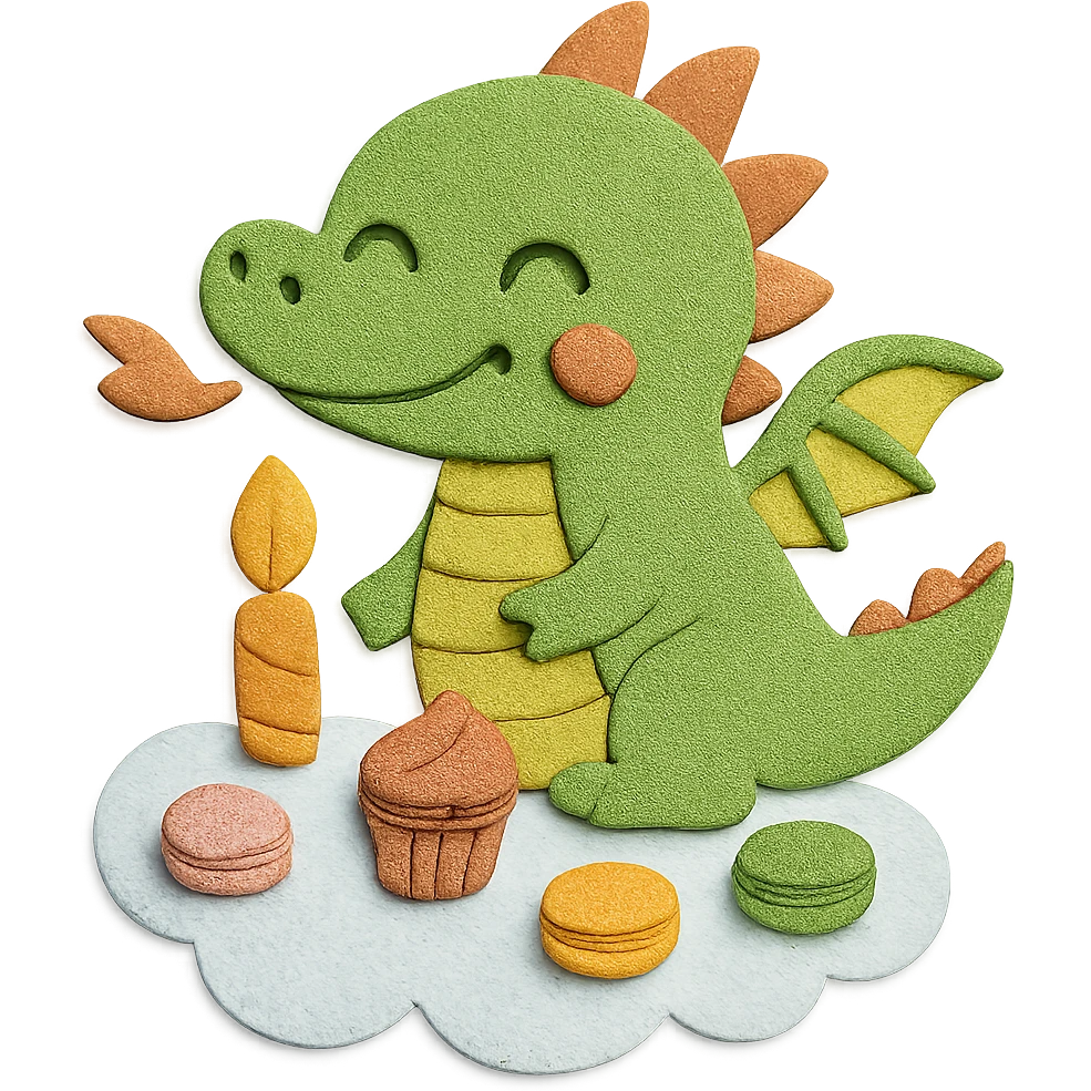 Change the dragon's eyes to a single curved line smile shape, and add small colorful macarons and cupcakes on the cloud. Keep all other design elements unchanged emoji