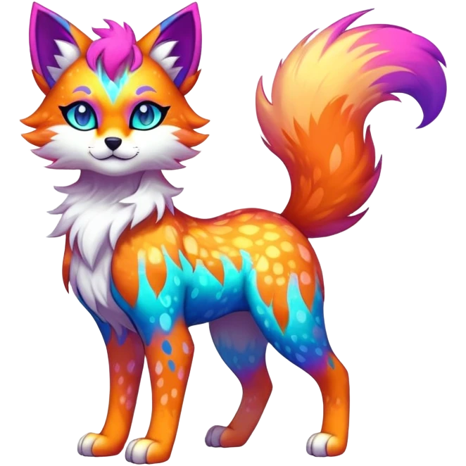 Vibrant multicolored neon-colored Falvie-Fionbri-creature-sparkle-feline-canine-hybrid-fursona, full body, fur pattern-markings emoji