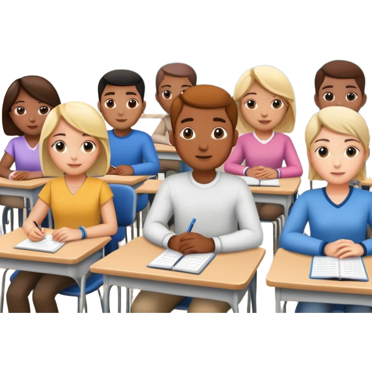 adults sitting in a classroom facing a screen emoji