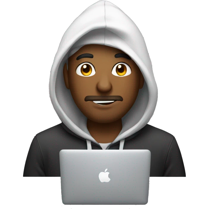 hombre con buzo y capucha con una macbook emoji