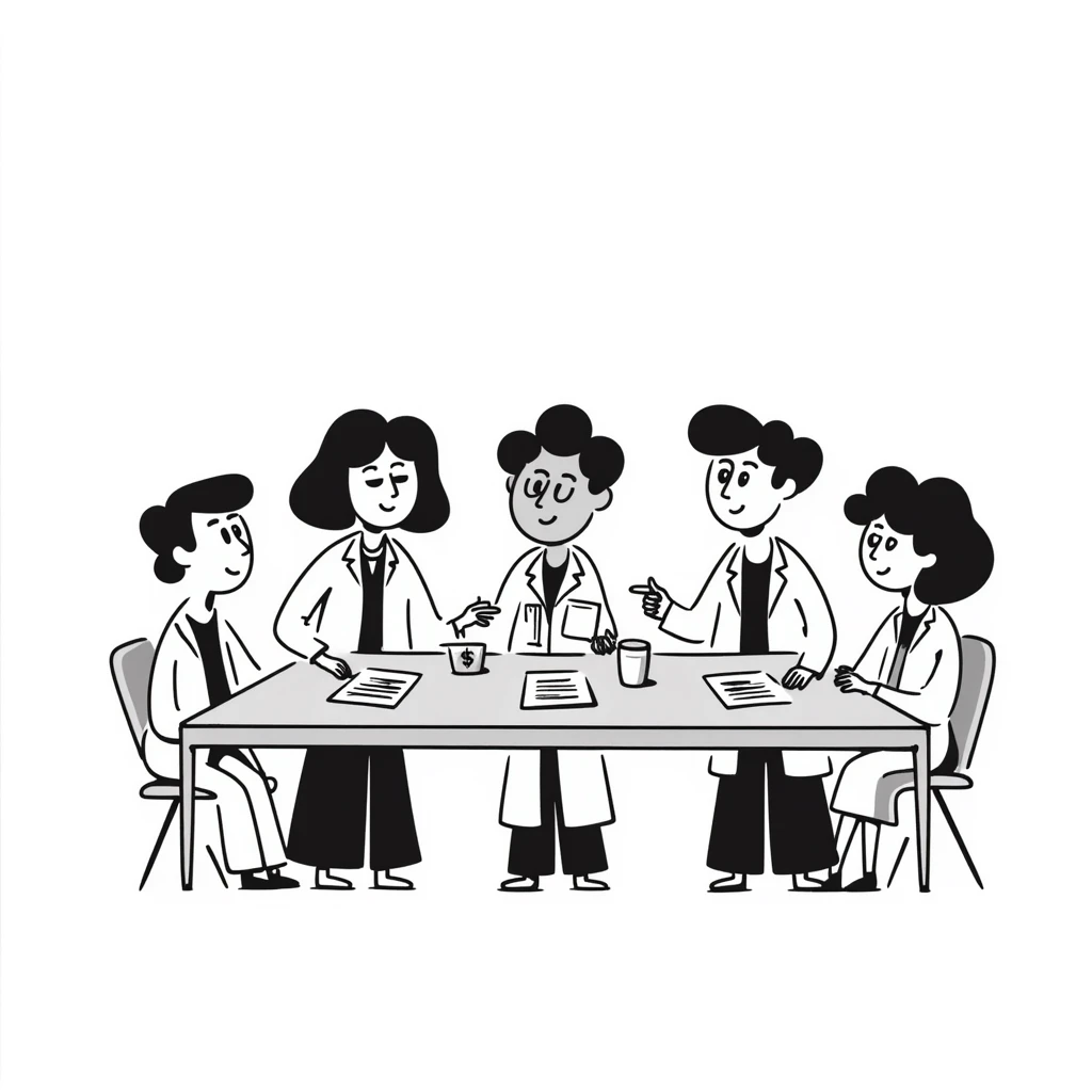 Hand-drawn meeting of emergency medical fund committee with doctors, nurses and financial documents emoji