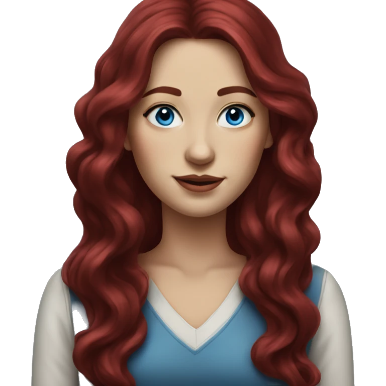 Realistic portrait of woman with long, wavy, dark red velvet colored hair and blue eyes  emoji