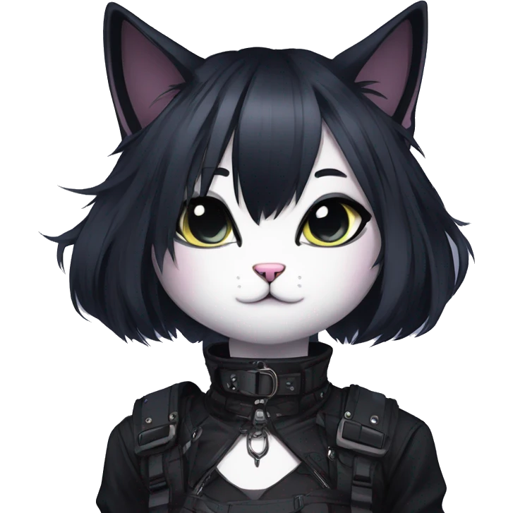Gorgeous gothic dark techwear anime style anthro cat with blushing face aesthetic and pretty edgy black with collar and harness trending style emoji