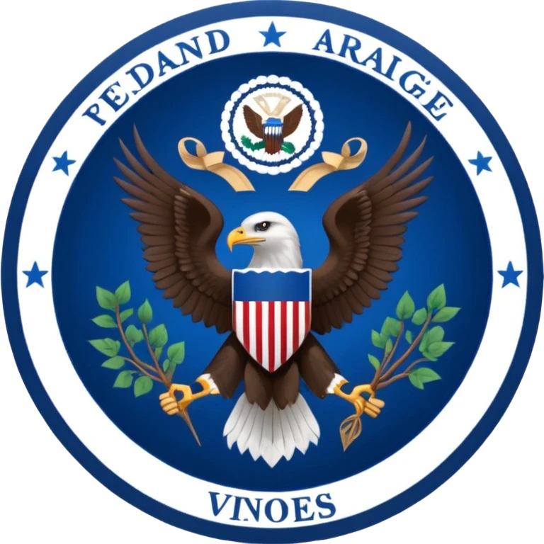Seal of the Vice President with dark blue eagle holding vines and arrows the center of the seal is white and the outline is dark blue with dark blue stars circling the eagle emoji