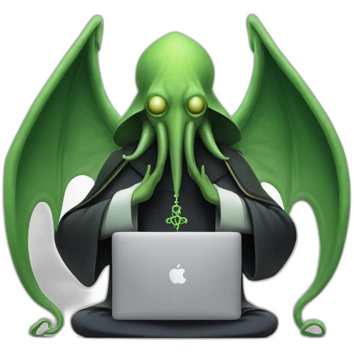 cthulhu priest praying over macbook laptop with veloxtos logo emoji