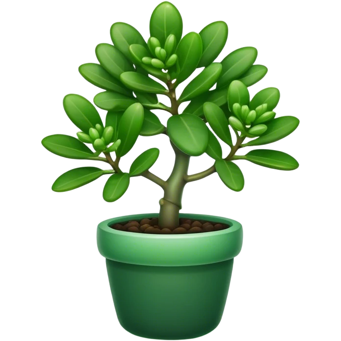 Cinematic Realistic Jade Plant Emoji, Thick and glossy, with dark green, round leaves that shine under the light. The sturdy stems and vibrant foliage give a sense of prosperity and tranquility. Soft glowing outline, capturing the essence of good luck, growth, and natural elegance in a flourishing jade plant! emoji