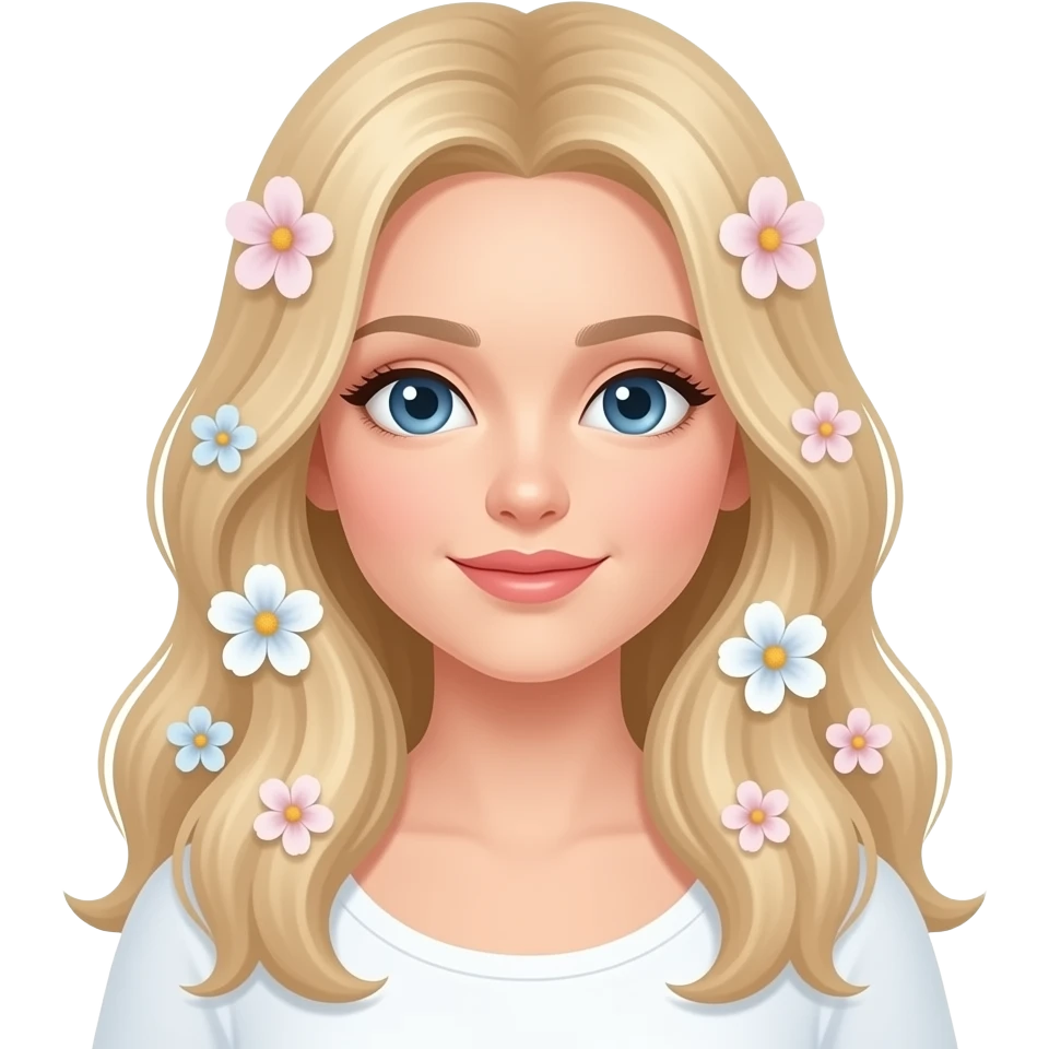 Femme blonde avec des fleurs claires et pastel dans ses cheveux longs emoji