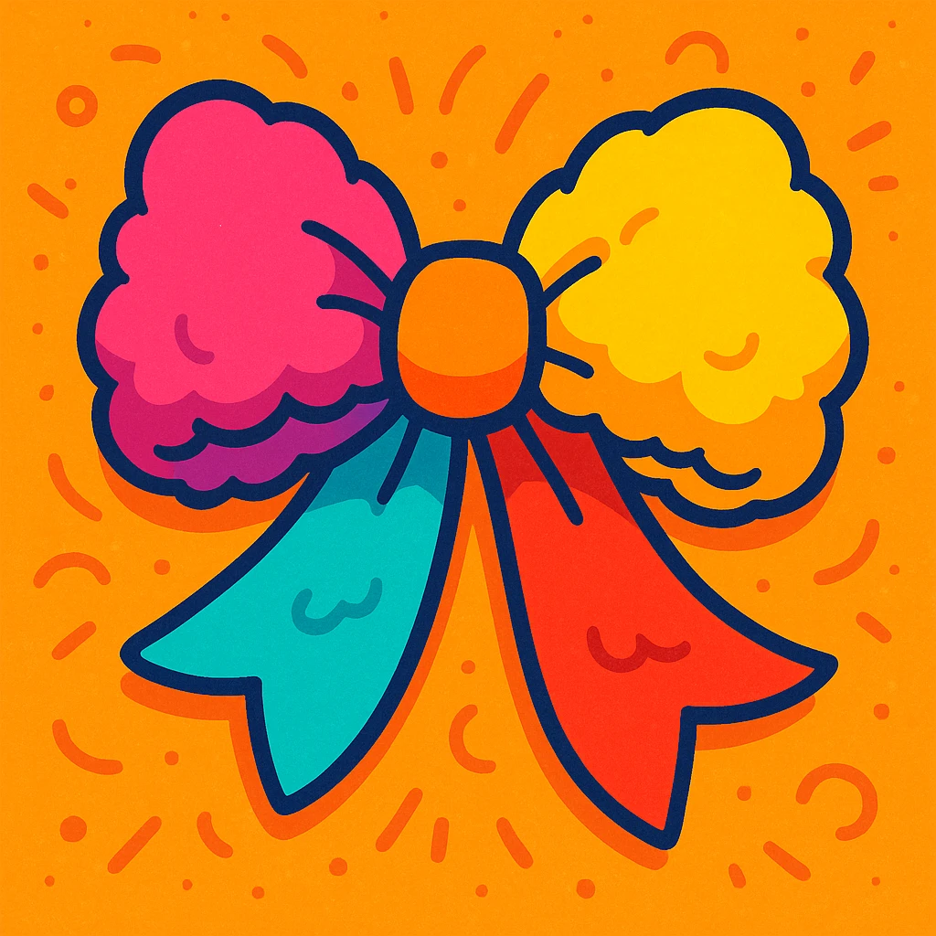 fluffy bow, vibrant colors, cartoon style, playful and lively emoji