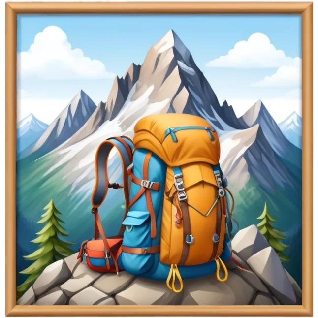 Icon for Mountain Tourism and Climbing: a mountain peak in the background, climbing gear and backpack. The icon should capture the adventure and challenge of alpine exploration. Transparent background. emoji