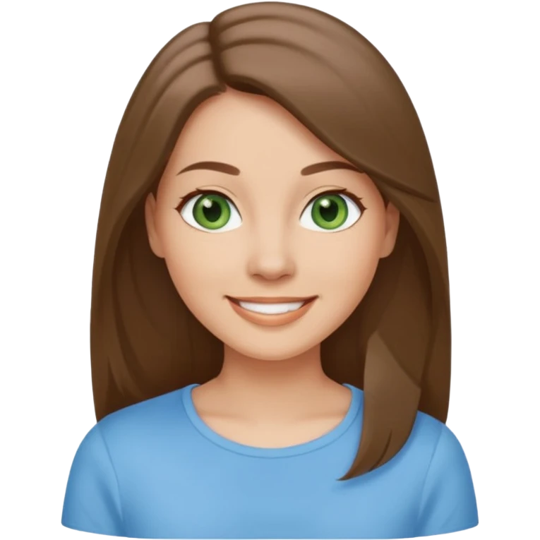Adult woman avatar, light skin tone, oval face, straight long ash-brown hair, green eyes, neutral mouth, sky blue top emoji