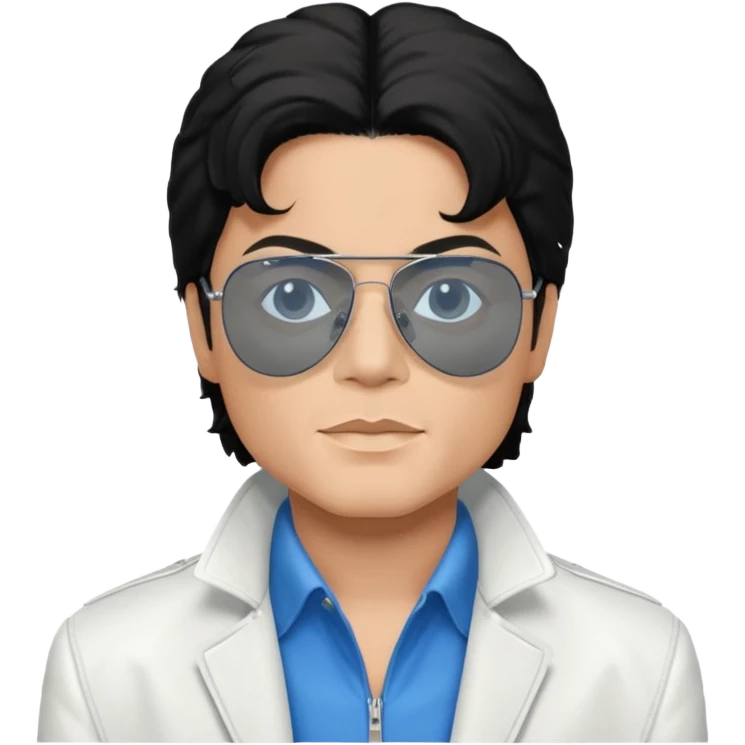 Michael Jackson is white, wearing completely black smokey Ray-Ban glasses, a white jacket, and a blue shirt. emoji